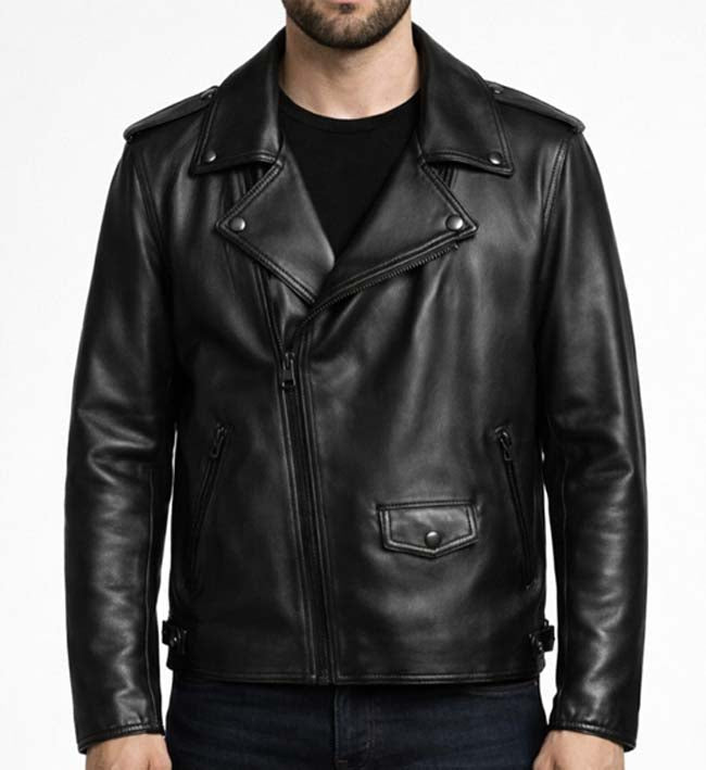 Men’s All Black Zipper Biker Leather Jacket.