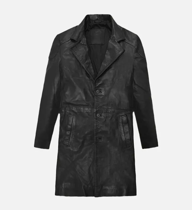 Men’s Black Asymmetrical Leather Long Coat.