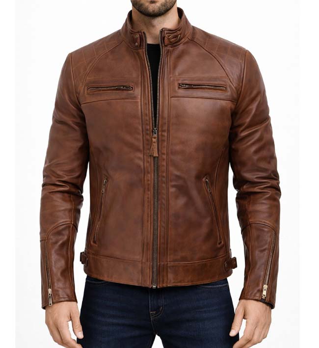 Men’s Brown Quilted Cafe Racer Leather Jacket.