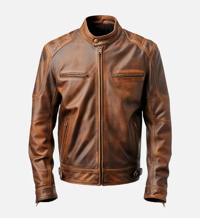 Men’s Distressed Brown Cafe Racer Leather Jacket.