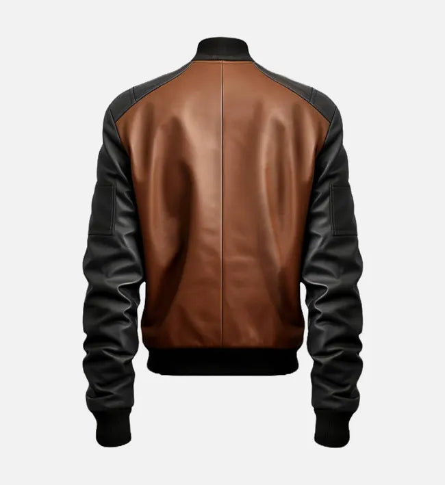 Men’s Brown and Black Leather Bomber Jacket.