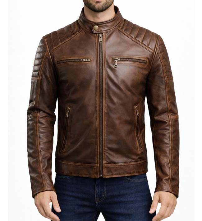 Men’s Leo Distressed Brown Café Racer Jacket.