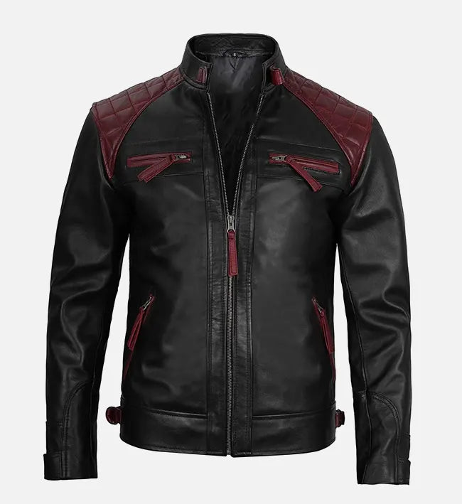 Men’s Quilted Black & Maroon Cafe Racer Jacket.