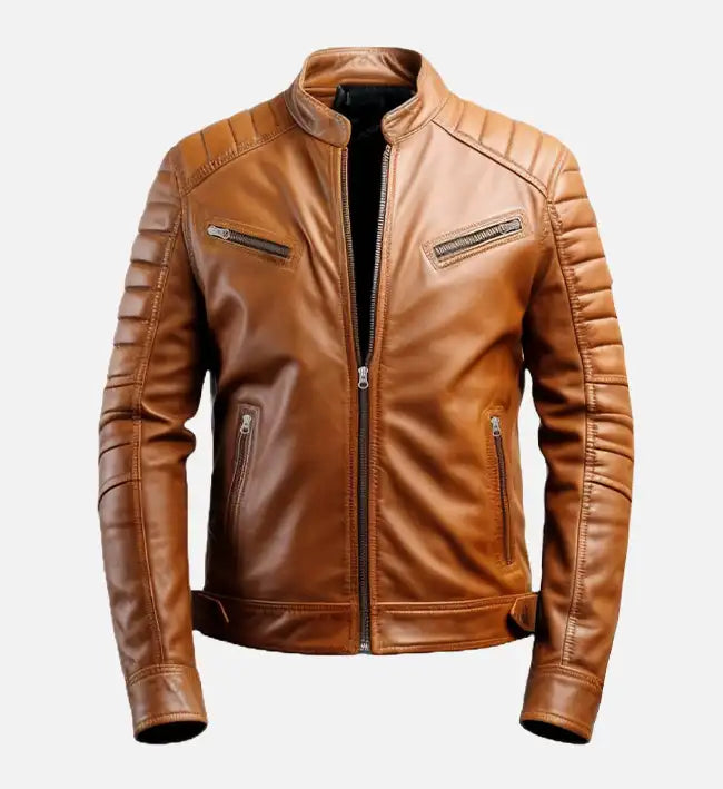 Men’s Tan Cafe Racer Leather Jacket.