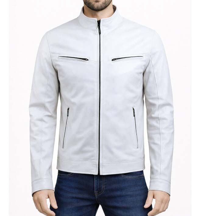 Men’s White Slim Fit Leather Jacket.