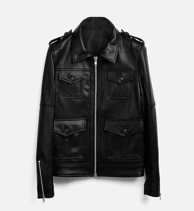 Men’s Zip-Up Black Biker Leather Jacket.