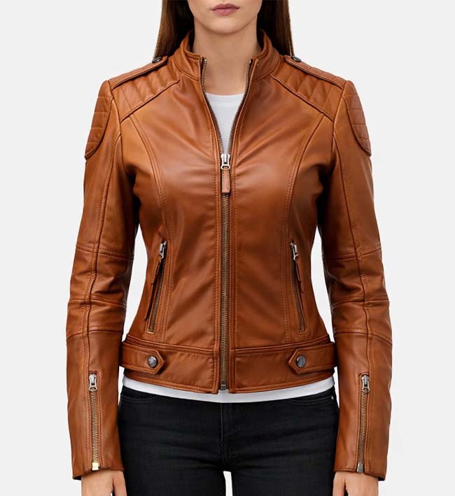 Women’s Brown Leather Biker Jacket.
