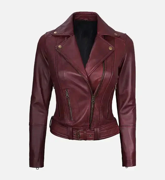 Women’s Maroon Asymmetrical Motorcycle Jacket.