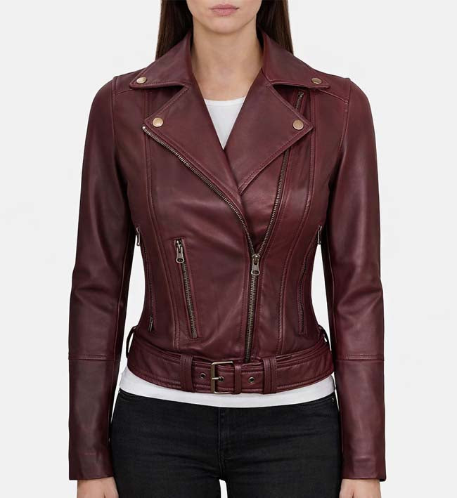 Women’s Maroon Asymmetrical Motorcycle Jacket.