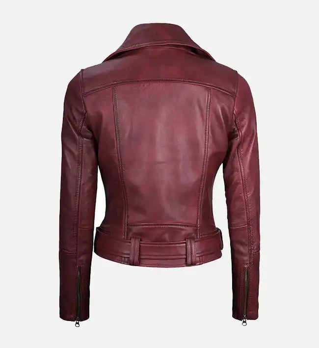Women’s Maroon Asymmetrical Motorcycle Jacket.