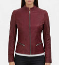 Women’s Maroon Leather Mandarin Collar Jacket.