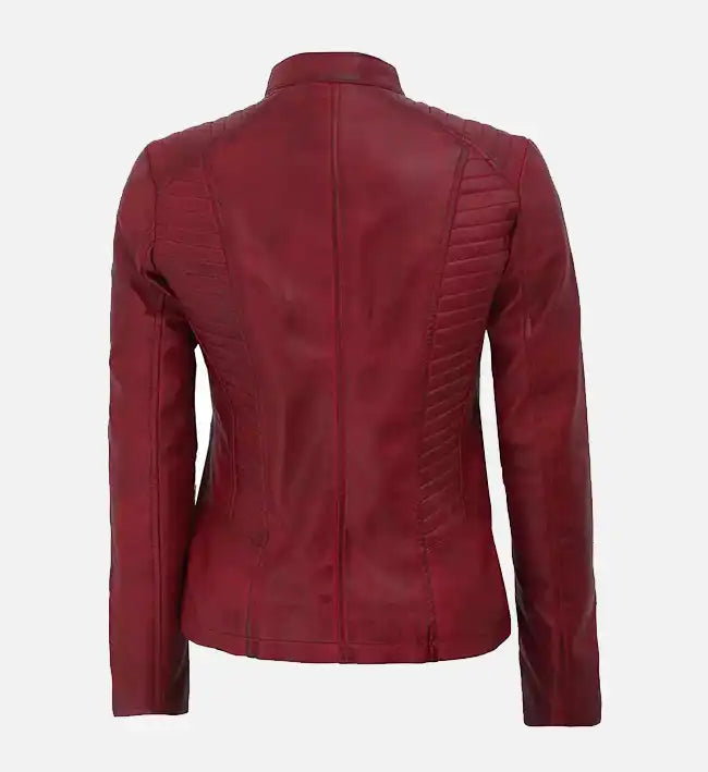 Women’s Maroon Leather Mandarin Collar Jacket.