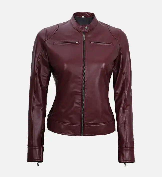 Women’s Maroon Leather Moto Jacket.