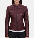 Women’s Maroon Leather Moto Jacket.