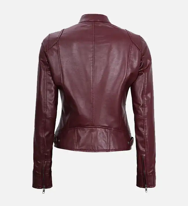 Women’s Maroon Leather Moto Jacket.