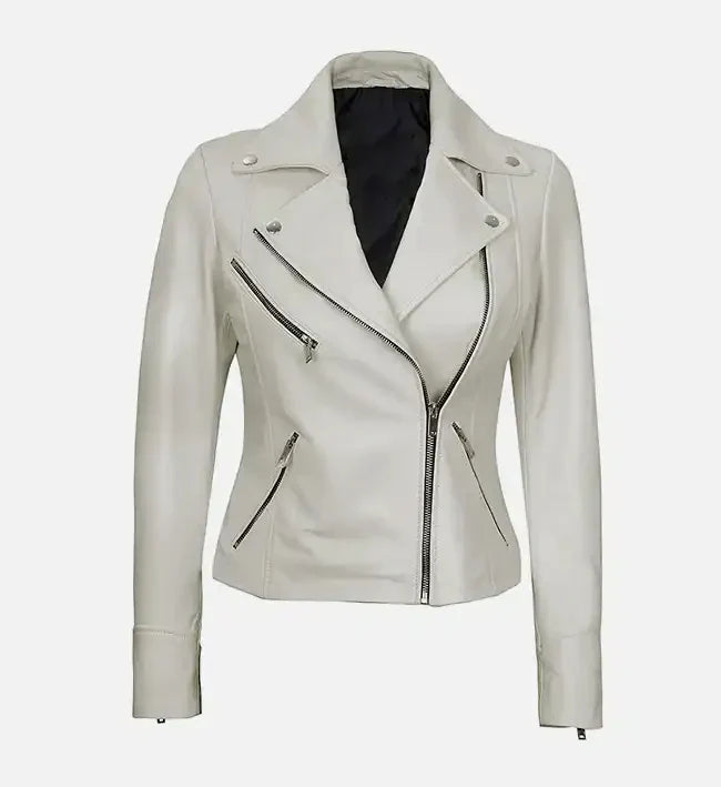 Women’s Moto Style White Leather Jacket.