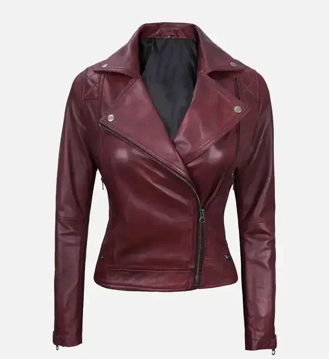 Women’s Quilted Maroon Leather Motorcycle Jacket.