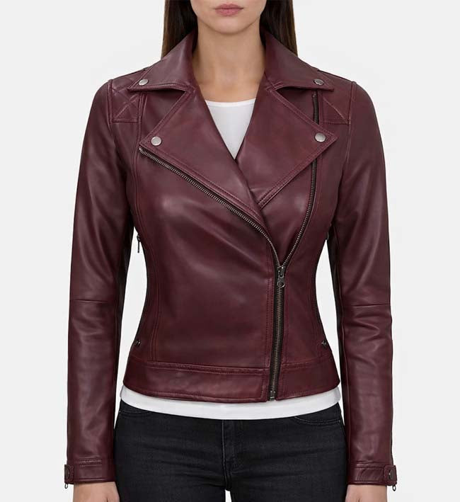Women’s Quilted Maroon Leather Motorcycle Jacket.