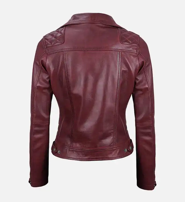Women’s Quilted Maroon Leather Motorcycle Jacket.