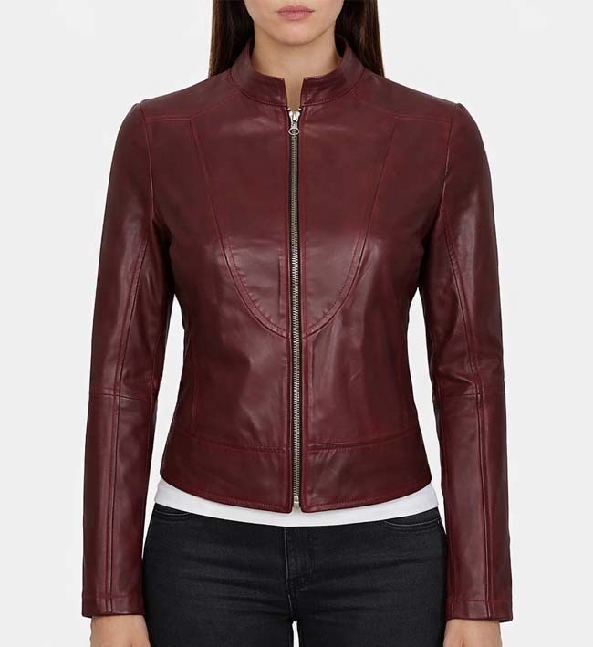 Women’s Slim Fit Maroon Leather Biker Jacket.