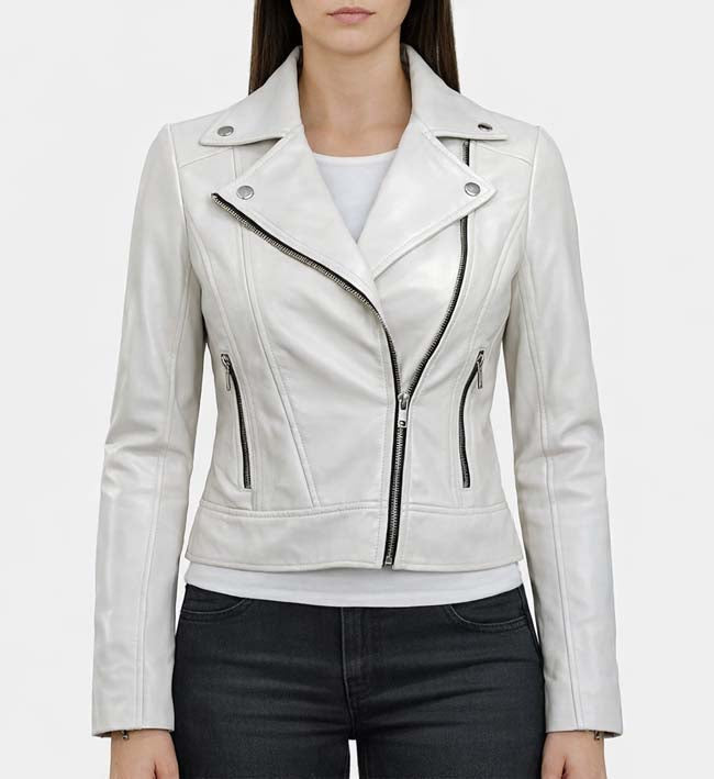 Women’s White Leather Biker Jacket.