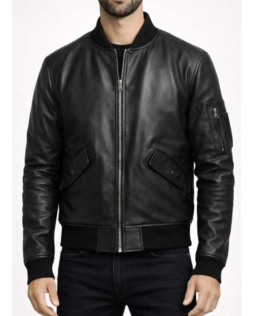 Men’s Black Leather Bomber Jacket