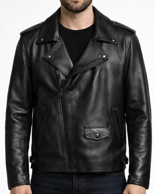 Men’s All Black Zipper Biker Leather Jacket