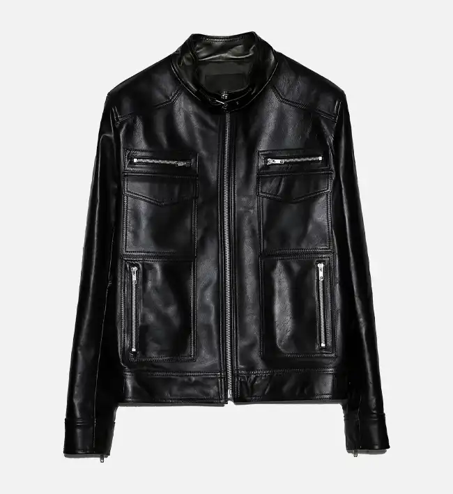 Men’s Band Collar Biker Leather Jacket – Front Zip Genuine Leather Motorcycle Jacket