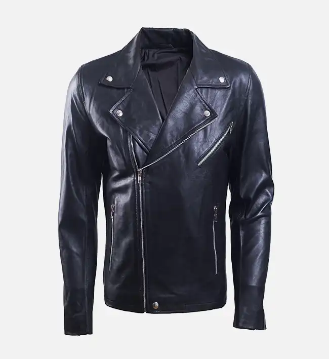 Men’s Black Leather Biker Jacket – Front Zip Genuine Motorcycle Jacket