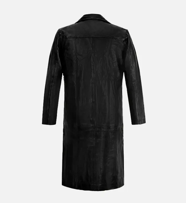 Men’s Black Leather Long Trench Coat - Image 3
