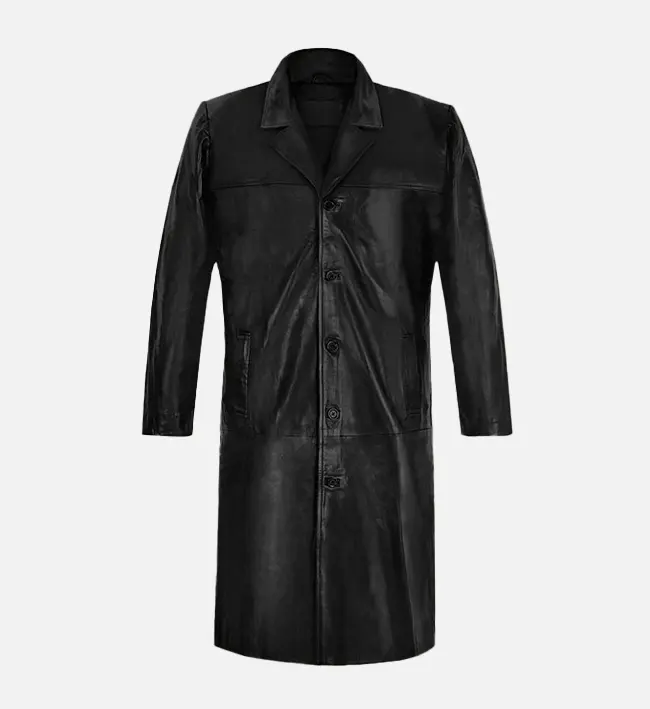Men’s Black Leather Long Trench Coat – Bold, Timeless & Effortlessly Cool