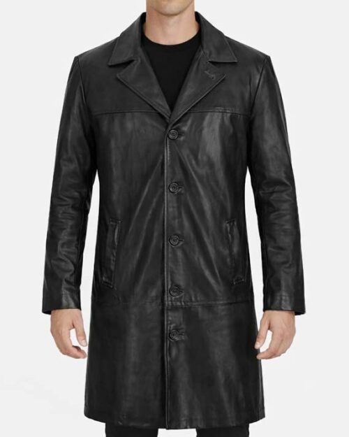 Men’s Black Leather Long Trench Coat
