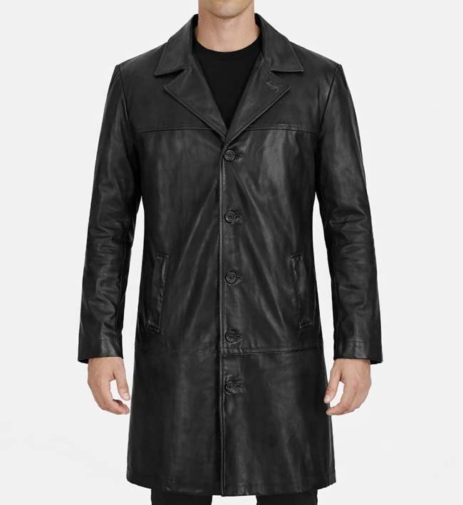 Men’s Black Leather Long Trench Coat