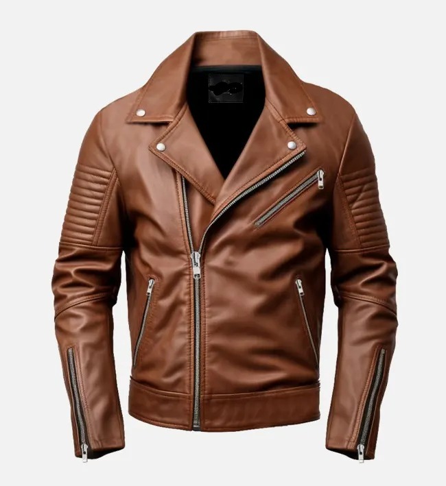 Men’s Brown Biker Leather Jacket – Front Zip Genuine Motorcycle Jacket