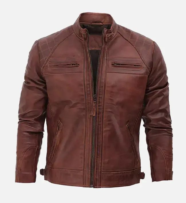 Men’s Brown Café Racer Diamond Quilted Leather Jacket – Genuine Slim Fit Motorcycle Jacket