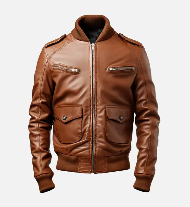 Men’s Brown Leather Strap Pocket Bomber Jacket – Utility Meets Classic Style