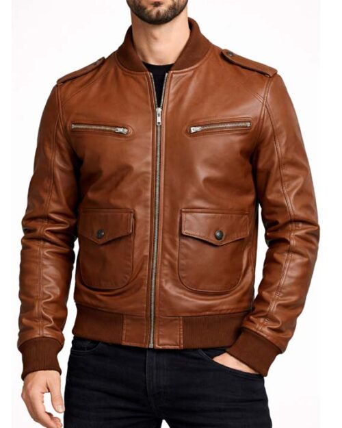 Men’s Brown Leather Strap Pocket Bomber Jacket