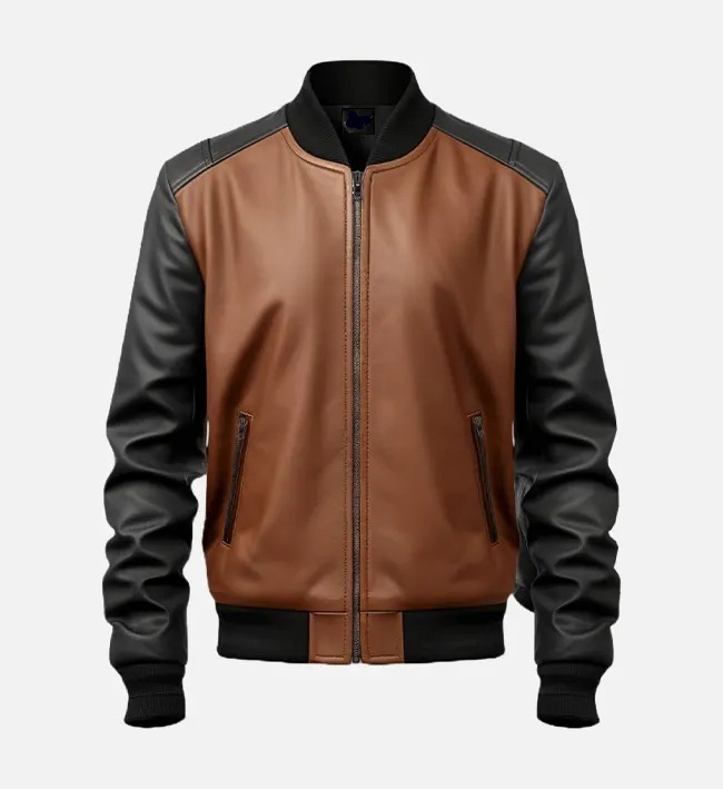 Men’s Brown and Black Bomber Leather Jacket – Dual-Tone Style, Ultimate Comfort