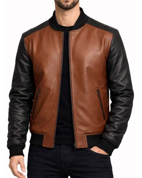 Men’s Brown and Black Leather Bomber Jacket