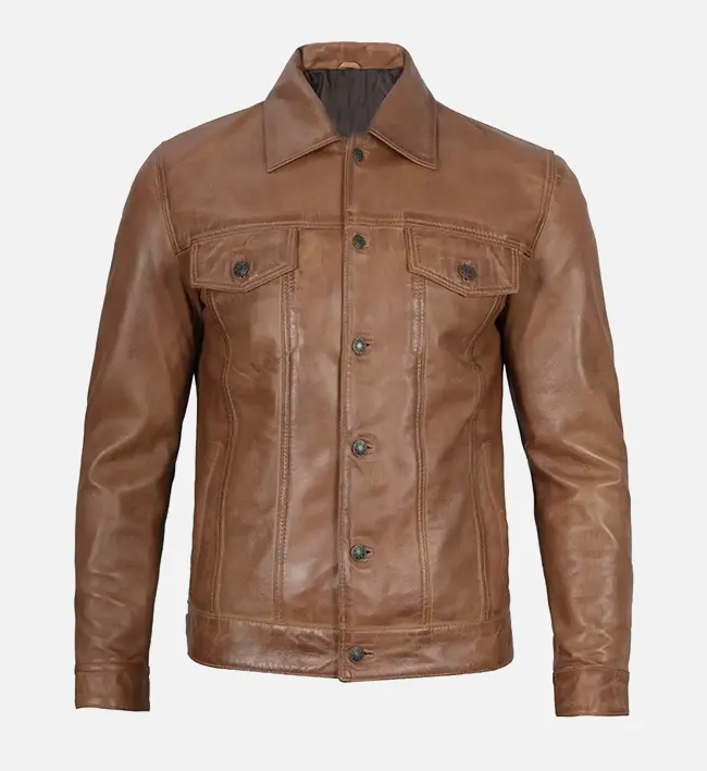 Men’s Camel Brown Leather Trucker Jacket - Image 2