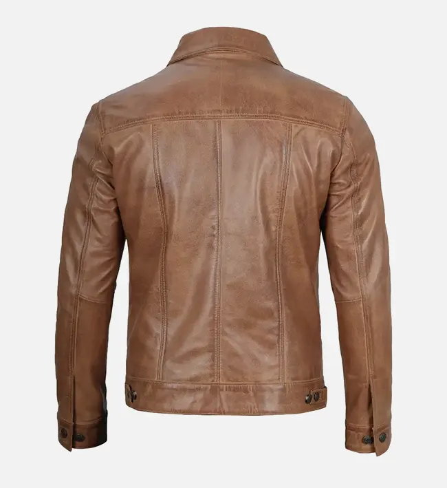 Men’s Camel Brown Leather Trucker Jacket - Image 3
