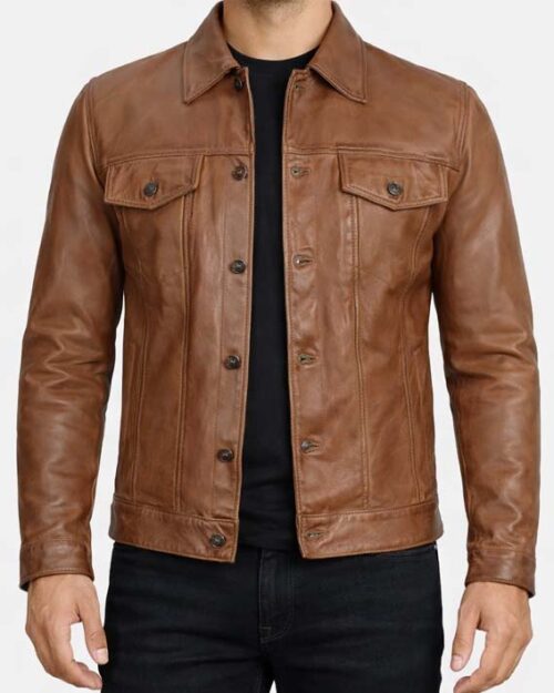 Men’s Camel Brown Leather Trucker Jacket