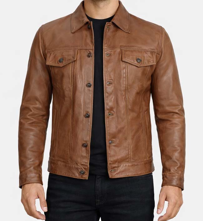 Men’s Camel Brown Leather Trucker Jacket
