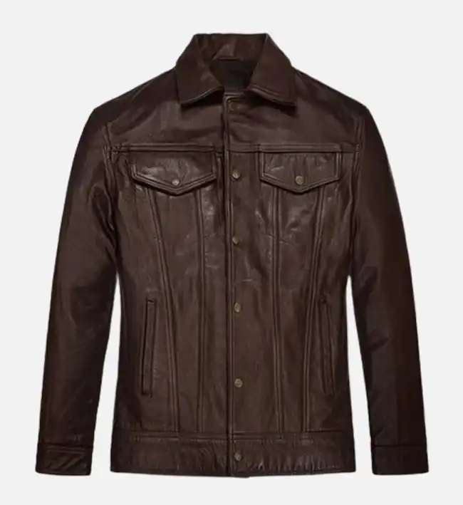 Men’s Chocolate Brown Trucker Leather Jacket – Rich Tone, Effortless Style