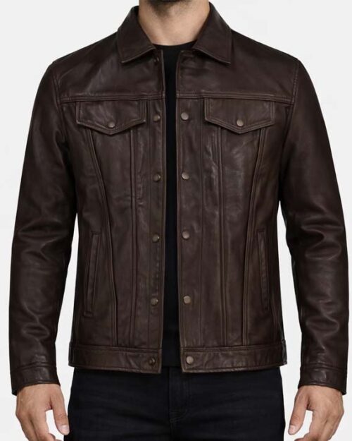 Men’s Chocolate Brown Leather Trucker Jacket