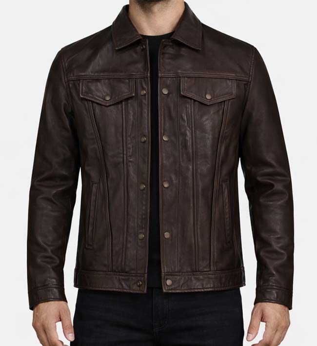 Men’s Chocolate Brown Leather Trucker Jacket