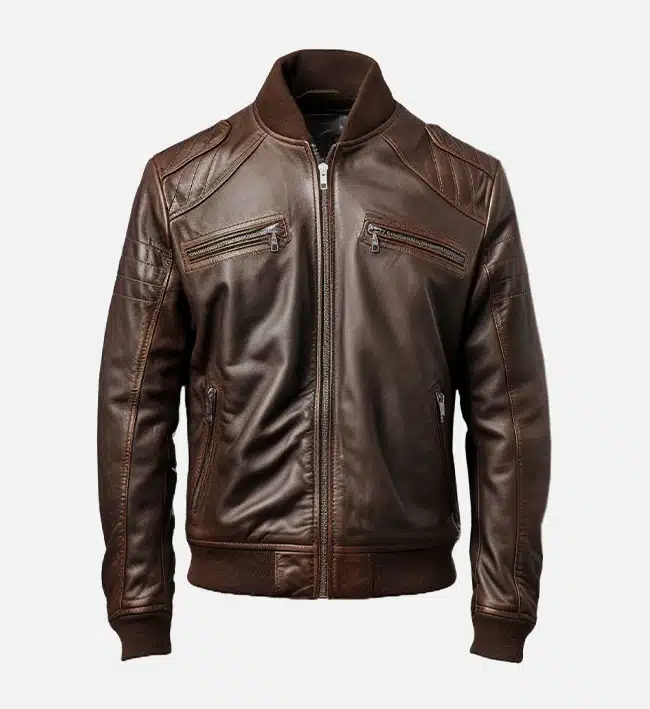 Men’s Dark Brown Leather Bomber Jacket - Image 2