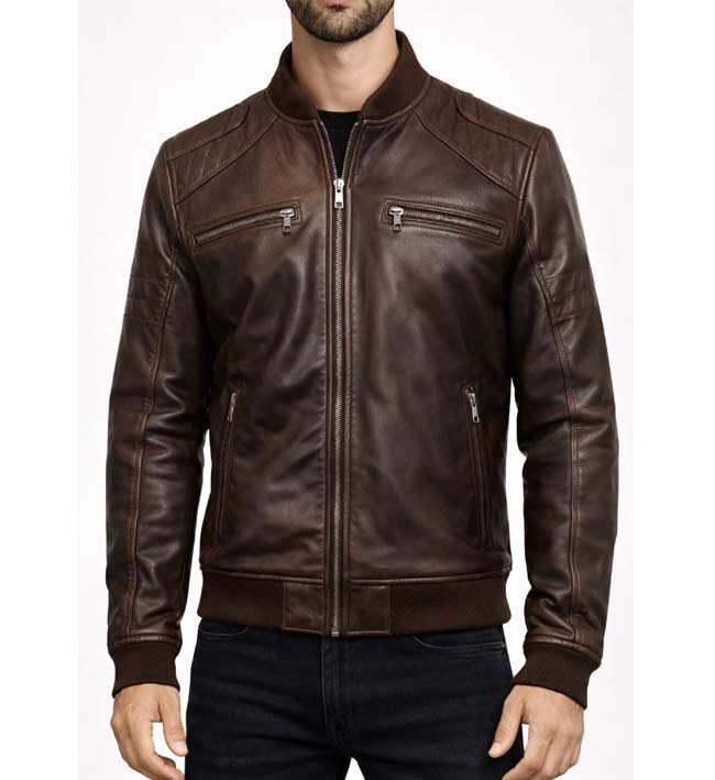 Men’s Dark Brown Leather Bomber Jacket