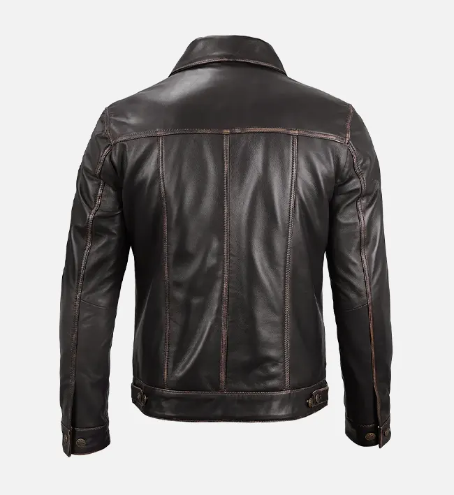 Men’s Dark Brown Leather Trucker Jacket - Image 3