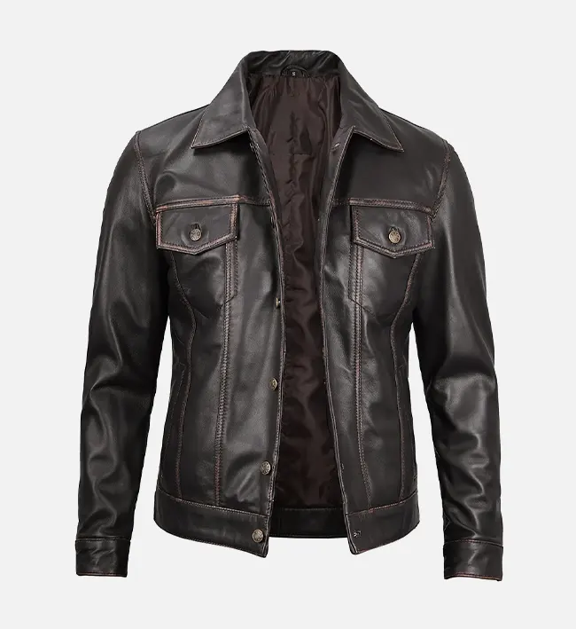 Men’s Dark Brown Leather Trucker Jacket – Rugged Elegance, Everyday Comfort